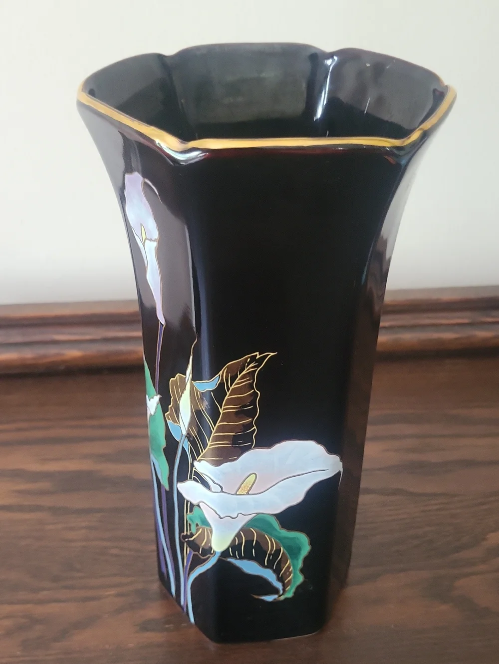 Vintage Japanese Black Floral Ceramic Vase with Gold Trim